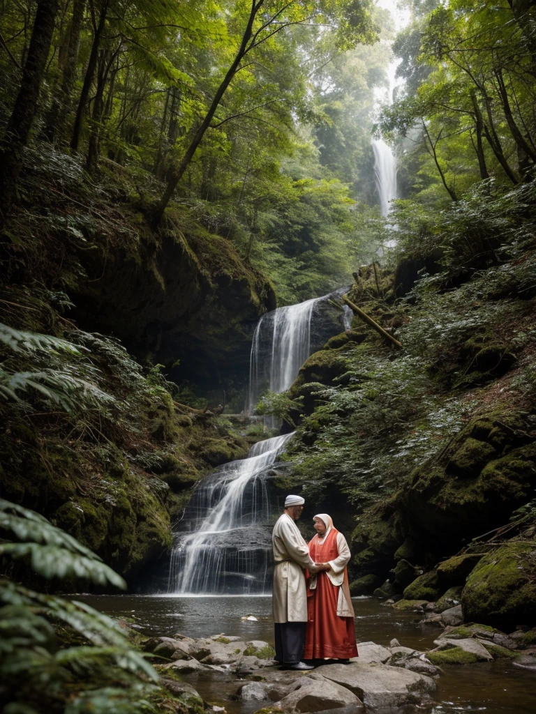 In the middle of the forest, behind the roar of a waterfall, a 43-year-old husband and wife couple wear traditional Muslim clothing. Studio light highlights every detail, creating incredibly realistic and sharp photos. Ultra HD, as if 64K