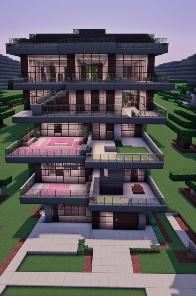 A Minecraft house with dark and pink blocks, multi-story, modern but homely and with a large patio