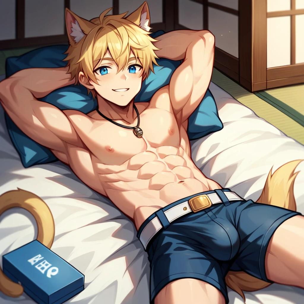 1 cute male, Cat's ears, cat tail, looking at the camera, smiling, hair blonde, blue eye, wearing no shirt, white Athletic Belt, lying in the bed, japanese house , cute boy, , wearing no shirt, black neck necklace, Athletic Belt, bulge Blue Box Briefs, hands behind head, cute male, wearing no shirt, wolf's ears, wolf tail, Athletic Belt, , cute boy) hot body.