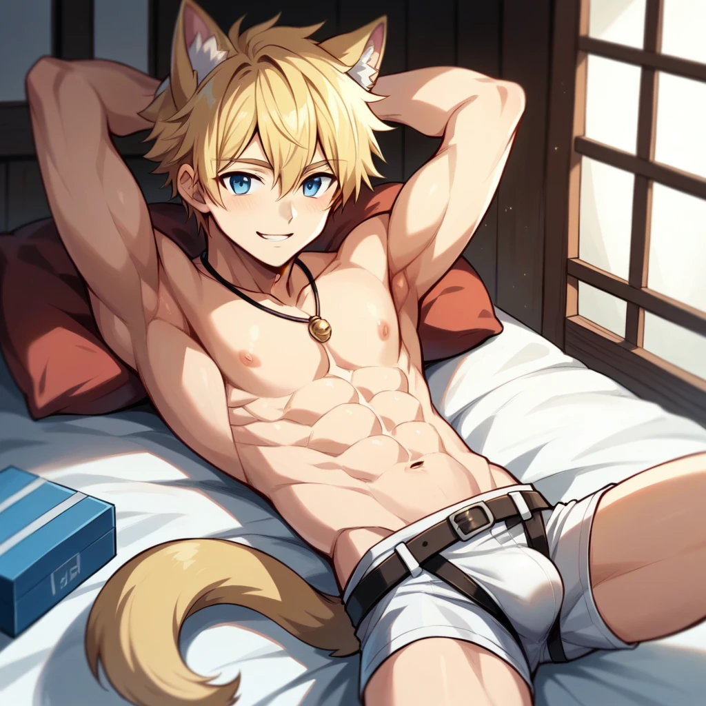 1 cute male, Cat's ears, cat tail, looking at the camera, smiling, hair blonde, blue eye, wearing no shirt, white Athletic Belt, lying in the bed, japanese house , cute boy, , wearing no shirt, black neck necklace, Athletic Belt, bulge Blue Box Briefs, hands behind head, cute male, wearing no shirt, wolf's ears, wolf tail, Athletic Belt, , cute boy) hot body.