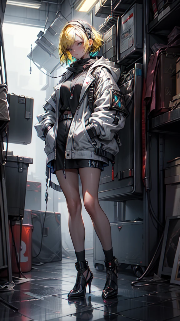 1 girl, short yellow hair, cyberpunk, Alice in Wonderland, black high heels, hand in pocket, best quality, 4k, 8k, highres, masterpiece:1.2, ultra-detailed, realistic, photorealistic, photo-realistic:1.37, HDR, UHD, studio lighting, ultra-fine painting, sharp focus, physically-based rendering, extreme detail description, professional, vivid colors, bokeh, concept art