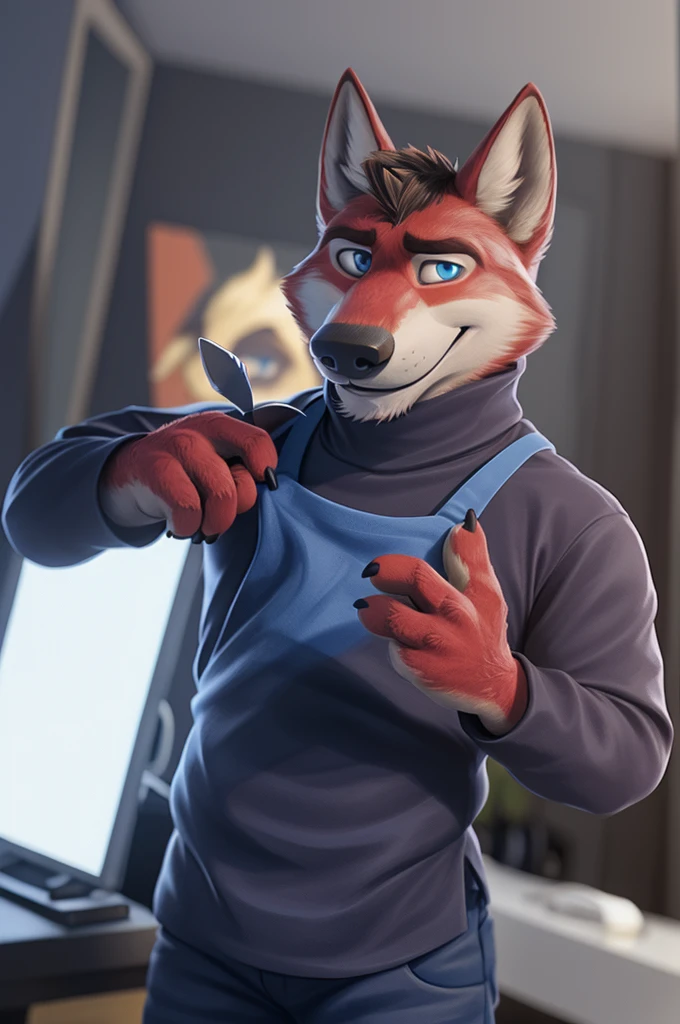 Ivan Fedorovich Wolfbach (Novosibirsk) ,tall handsome, wolf,young, 24 years, brown fur,Kind,(red body:1.3),beautiful blue eyes,Novosibirsk,dressed, turtleneck,apron,jeans,canine, wolf, detailed fur, male,paw pads, finger claws,At the viewer, 5 fingers, paws, 5 fingers, smile, wrist watch, т nextel,by xenoforge, (difficult, high detail, digital photography, soft focus, RAW variety работает парикмахером,Very close to the camera, variety,Novosibirsk, smile, good mood, positive, Very close to the camera, holding scissors, At the hairdresser, stylist doing hairstyle, worth a turtleneck, presenter of the fashion show, 
Photorealism, realistic, photorealistic, digital style, Subsurface scattering,I look at the viewer,worth getting a haircut, looks at the mirror, men&#39;s cosmetics,
masterpiece, Best quality, ultra realistic, 8 thousand.)