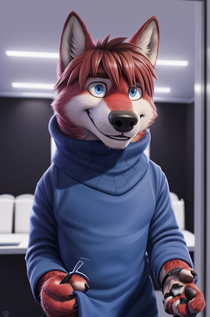 Ivan Fedorovich Wolfbach (Novosibirsk) ,tall handsome, wolf,young, 24 years, brown fur,Kind,(red body:1.3),beautiful blue eyes,Novosibirsk,dressed, turtleneck,apron,jeans,canine, wolf, detailed fur, male,paw pads, finger claws,At the viewer, 5 fingers, paws, 5 fingers, smile, wrist watch, т nextel,by xenoforge, (difficult, high detail, digital photography, soft focus, RAW variety работает парикмахером,Very close to the camera, variety,Novosibirsk, smile, good mood, positive, Very close to the camera, holding scissors, At the hairdresser, stylist doing hairstyle, worth a turtleneck, presenter of the fashion show,
Photorealism, realistic, photorealistic, digital style, Subsurface scattering,I look at the viewer,worth getting a haircut, looks at the mirror, men's cosmetics,
masterpiece, Best quality, ultra realistic, 8 thousand.)