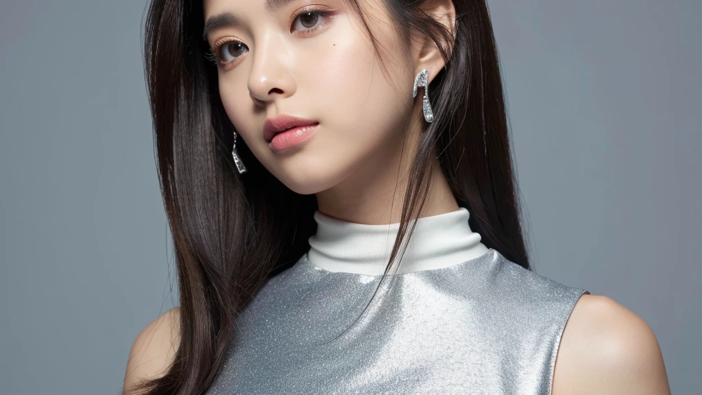 ((Silver jewelry)),(detailed face),VIVID,pretty,sleeveless and turtle neck white silky clothes,4k ,super high resolution ,(photo-realistic: 1.7), white background,black long hair,
