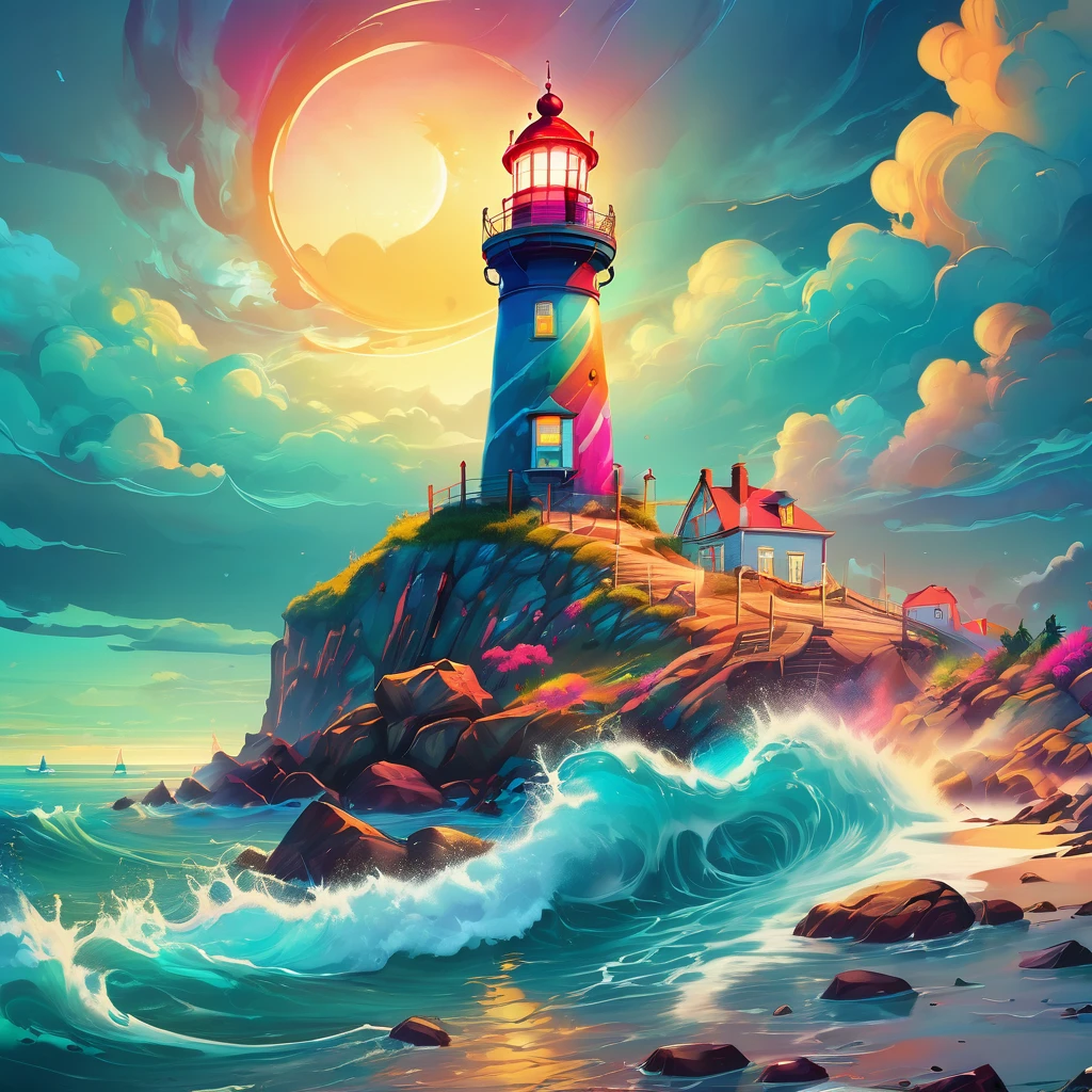 brightly colored lighthouse on a rocky shore with a bright sky, Just a joke, Inspired by Cyril Rolando (Cyril Rolando), Fantasy illustrations, Color illustrations, Cyril Rolandor style, Stylized digital illustration, A beautiful artistic illustration, lighthouse, Colorful numbers, lighthouse, Beautiful art UHD 4K, Colorful flat surreal ethereal, 4K HD illustration wallpaper