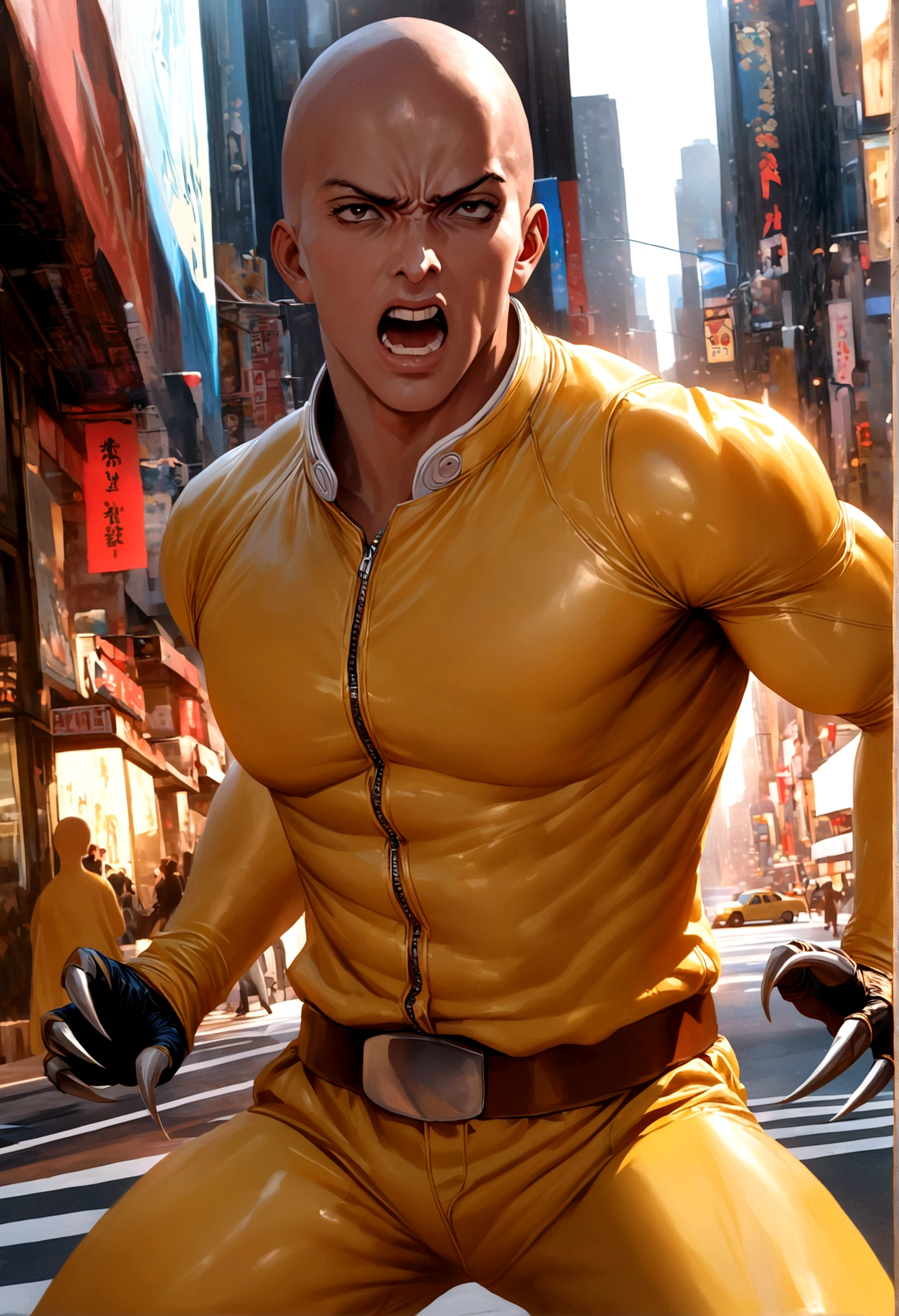 A man with sharp claws and an angry expression, 1 man, wolverine, intense expression, claws out, ready to fight, 90s comic style, new york city street, tall buildings, One Punch Man Saitama, unimpressed expression, realistic, photorealistic, hyper detailed, cinematic lighting, dynamic pose, masterpiece, best quality, 8k, ultra-detailed, professional