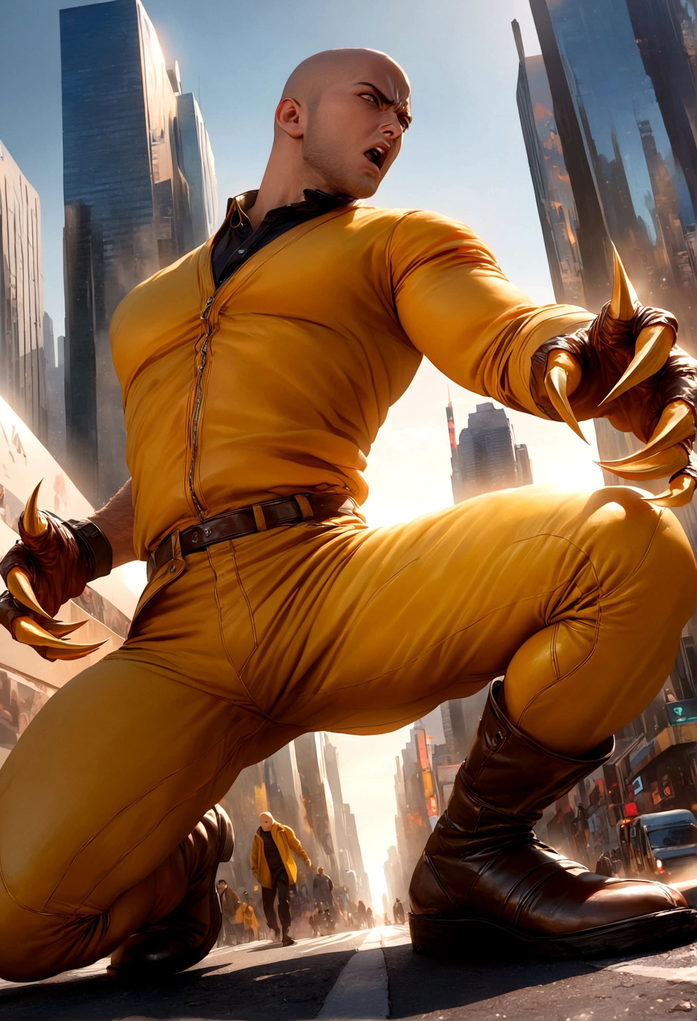 A man with sharp claws and an angry expression, 1 man, wolverine, intense expression, claws out, ready to fight, 90s comic style, new york city street, tall buildings, One Punch Man Saitama, unimpressed expression, realistic, photorealistic, hyper detailed, cinematic lighting, dynamic pose, masterpiece, best quality, 8k, ultra-detailed, professional