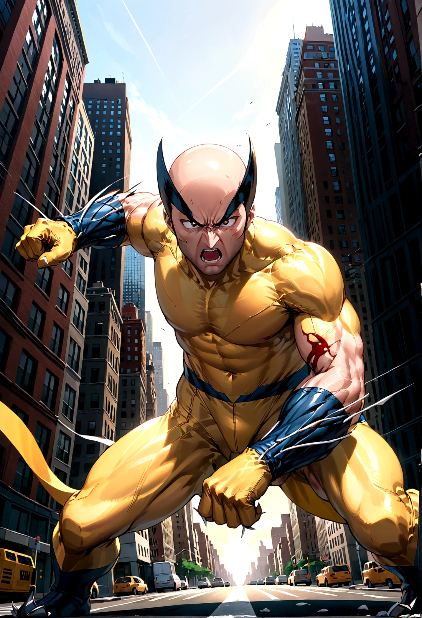A man with sharp claws and an angry expression, 1 man, wolverine, intense expression, claws out, ready to fight, 90s comic style, new york city street, tall buildings, One Punch Man Saitama, unimpressed expression, realistic, photorealistic, hyper detailed, cinematic lighting, dynamic pose, masterpiece, best quality, 8k, ultra-detailed, professional