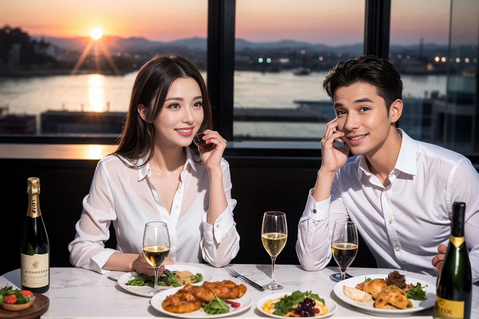 ((Highest quality、8K、masterpiece:1.3))、1 male 1 female、Slim lover、Beautiful couple、Smile、full-course dinner、 (Slim face), (the body is スリム), (Brown Hair), (Shortcuts), テーブルの上のwine glass、Shine light on your face、 Amazing view of the sunset sky and clouds、The beauty of a smile、Bright image、Blushing, Shortcuts, (Age 35), 39 years old, Appetizers、Italian food、Wine bottle、Champagne、sparkling wine、Long sleeve shirt、dress、Attractive beauty、restaurant, Nova Frog Style, actress, model, Upper Body, White wine, red wine, wine glass,