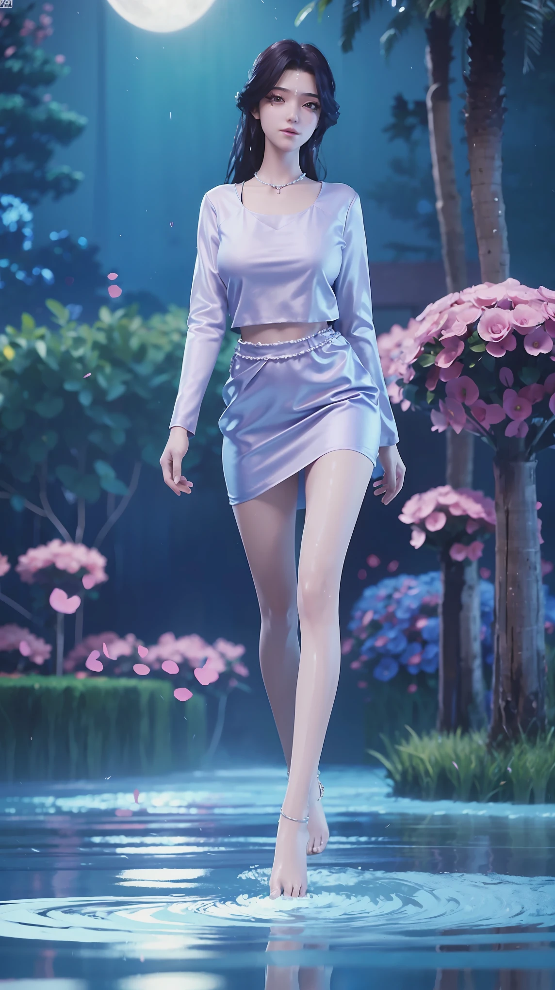 ((Biologically correct number of limbs))、(( Full body illustration from toes to face))、4K、masterpiece、((The eyes are delicately painted、Facial details、Focus on the face))、((Symmetrical, Balanced facial features))、Beautiful woman、Outstanding style、Beautiful clavicle、Beautiful legs、beautiful hands、slim body、(shirt、skirt、barefoot)、look up、High Angle、Background is night city、((Walking posture)),Wet all over,Water Magic,Wet