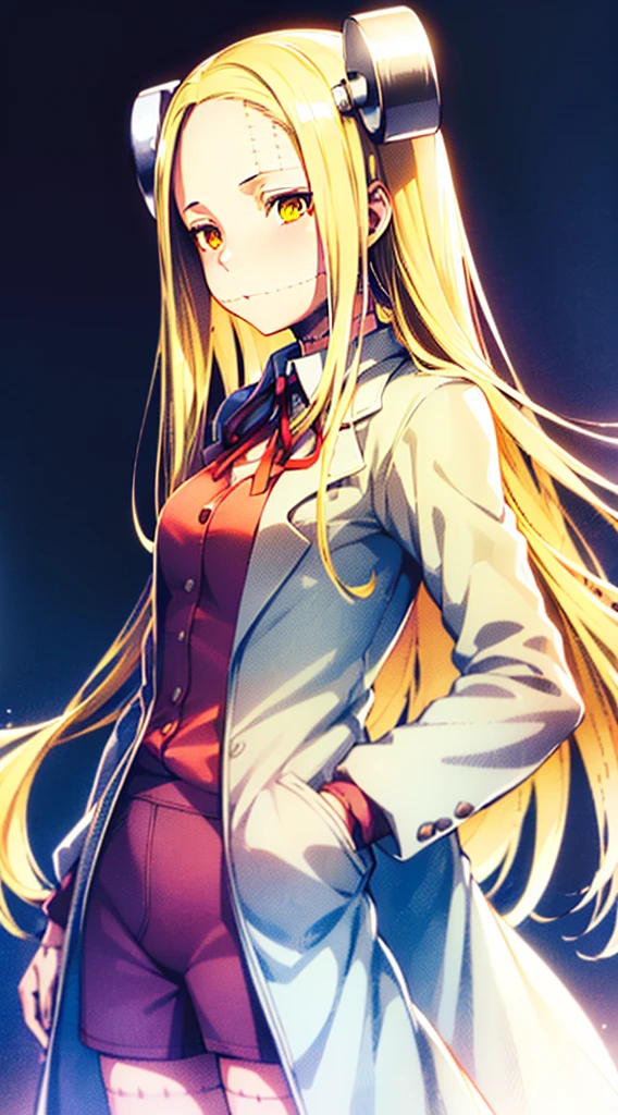 Madaraki_Fran,young woman, ((((wearing a white lab coat)))),((serious)), long hair , yellow hair,seams , Scars on the body , (Points Forward),(((пелец Points Forward)))1boy,titjob,paizuri,penis