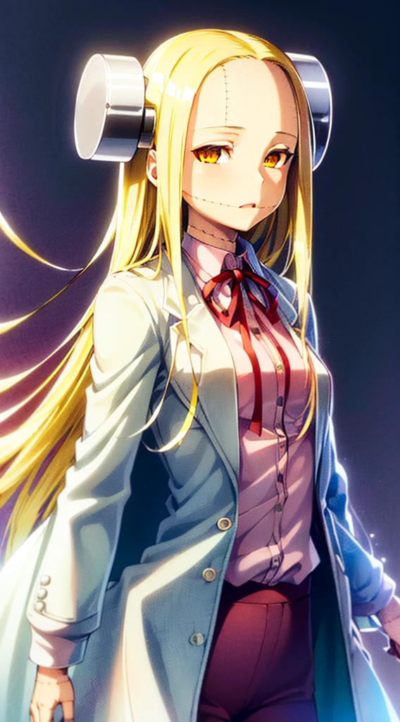 Madaraki_Fran,young woman, ((((wearing a white lab coat)))),((serious)), long hair , yellow hair,seams , Scars on the body , (Points Forward),(((пелец Points Forward)))1boy,titjob,paizuri,penis