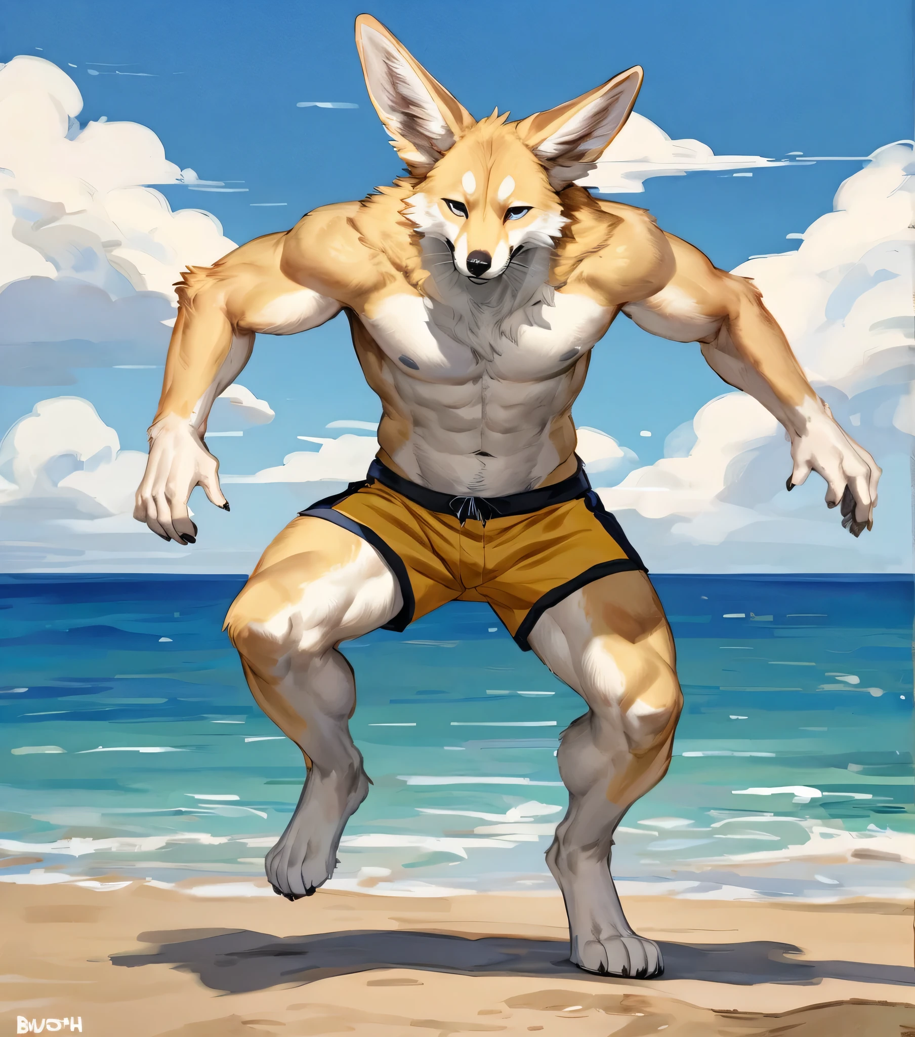 (solo,furry,anthro), male, breakdancing, front view, muscular body, Fennec, wearing yellow boxer shorts, beach, blurred background, by bebebebebe:1.2, by buta99, by foxovh, by ruan jia