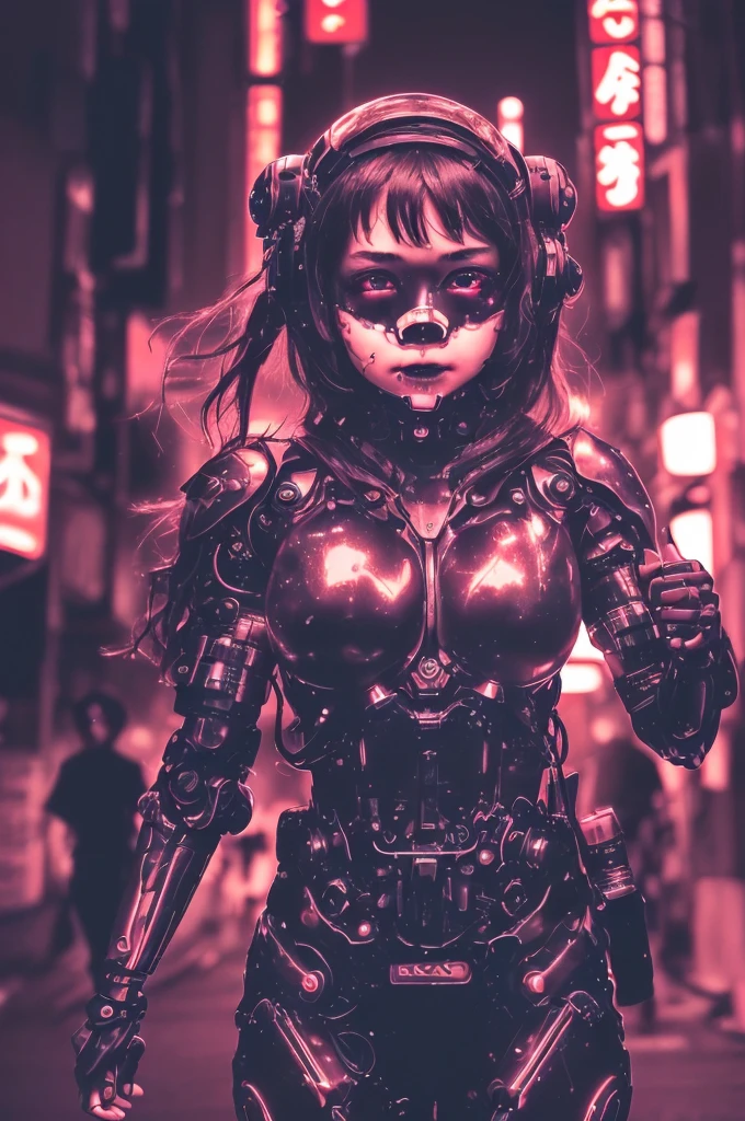 photo, high quality, (close-up shot of 1girl), to8contrast style,mechanical arms, cyborg, slime colored skin, liquid slime skin, arms up, face mask, slime girl, red eyes,(((alone in the darkness, night tokyo background, unlit, hard shadows, deep