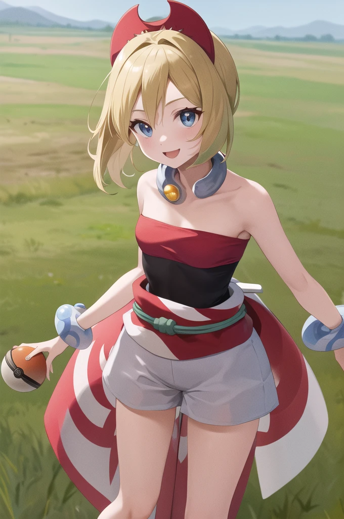 masterpiece, best quality, highres, aairida, short hair, red hairband, neck ring, collar, strapless shirt, red shirt, bracelet, sash, waist cape, white shorts, bare legs, standing, cowboy shot, outdoors, field, holding poke ball, poke ball, smile,