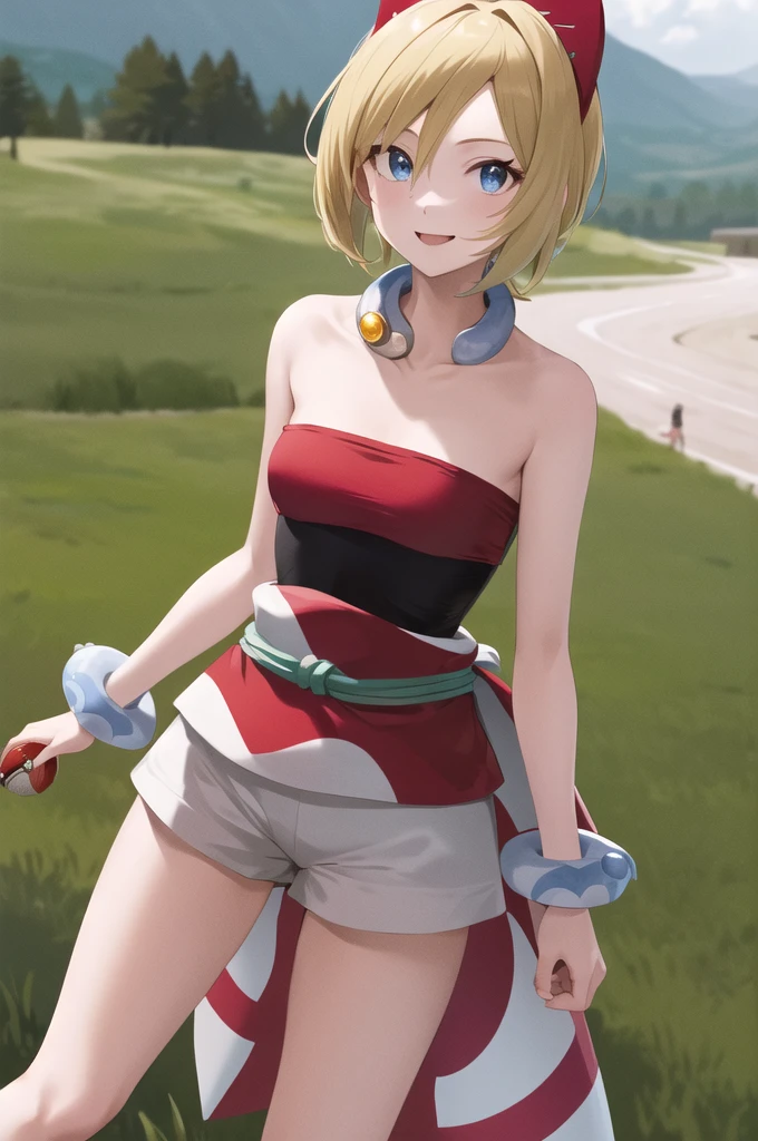 masterpiece, best quality, highres, aairida, short hair, red hairband, neck ring, collar, strapless shirt, red shirt, bracelet, sash, waist cape, white shorts, bare legs, standing, cowboy shot, outdoors, field, holding poke ball, poke ball, smile,