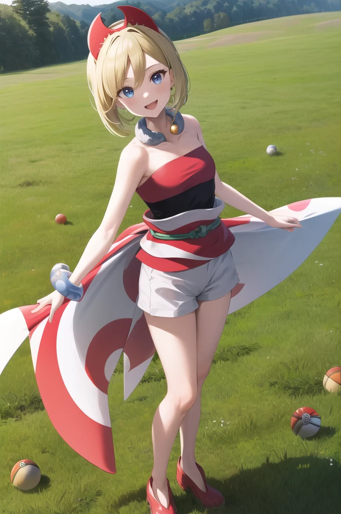 masterpiece, best quality, highres, aairida, short hair, red hairband, neck ring, collar, strapless shirt, red shirt, bracelet, sash, waist cape, white shorts, bare legs, standing, cowboy shot, outdoors, field, holding poke ball, poke ball, smile,