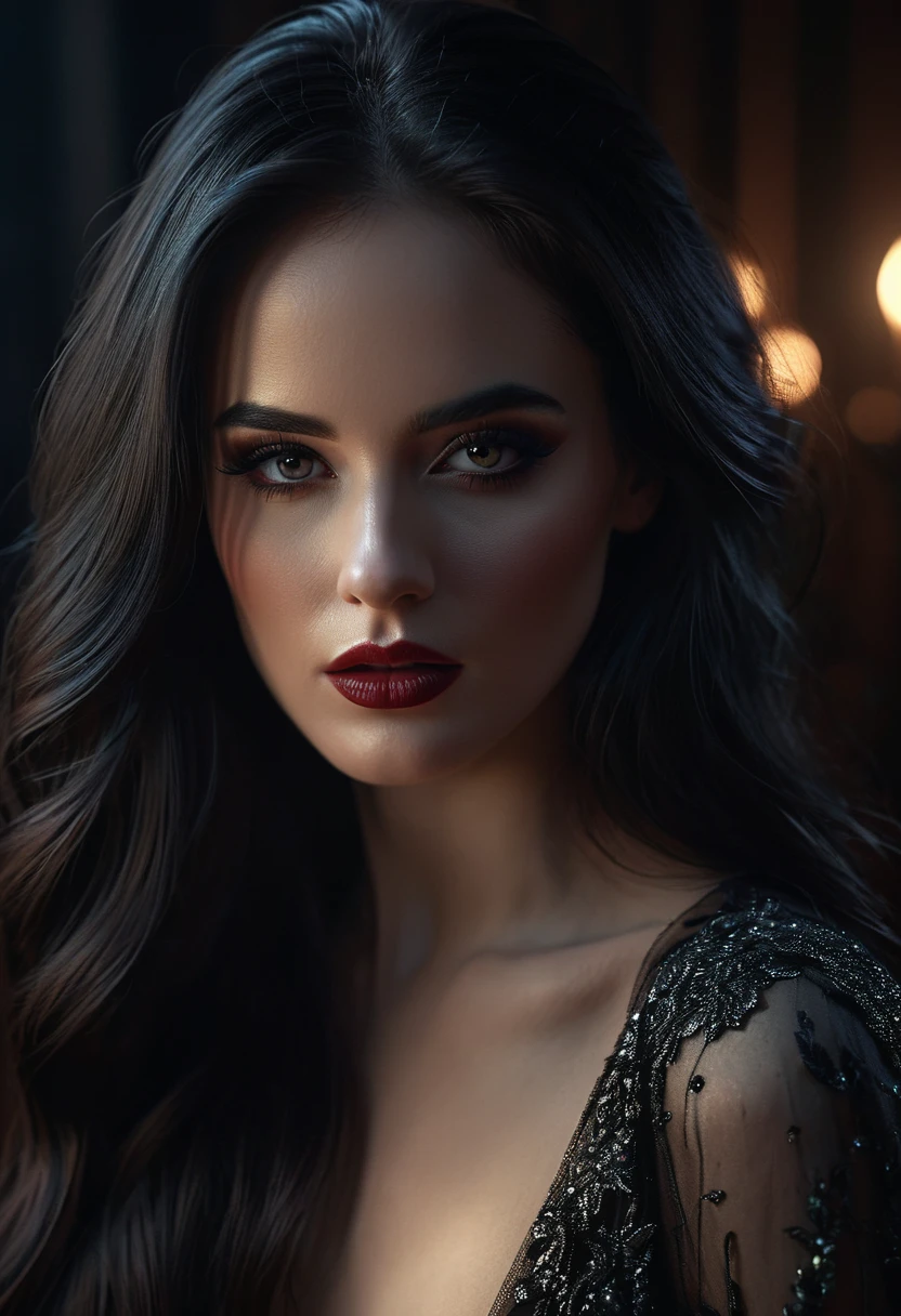 a beautiful woman with glowing black eyes, detailed facial features, long dark hair, pale skin, dramatic makeup, elegant fashion, cinematic lighting, dark moody atmosphere, dramatic chiaroscuro lighting, digital art, fantasy, hyperrealistic, 8k, highly detailed, masterpiece