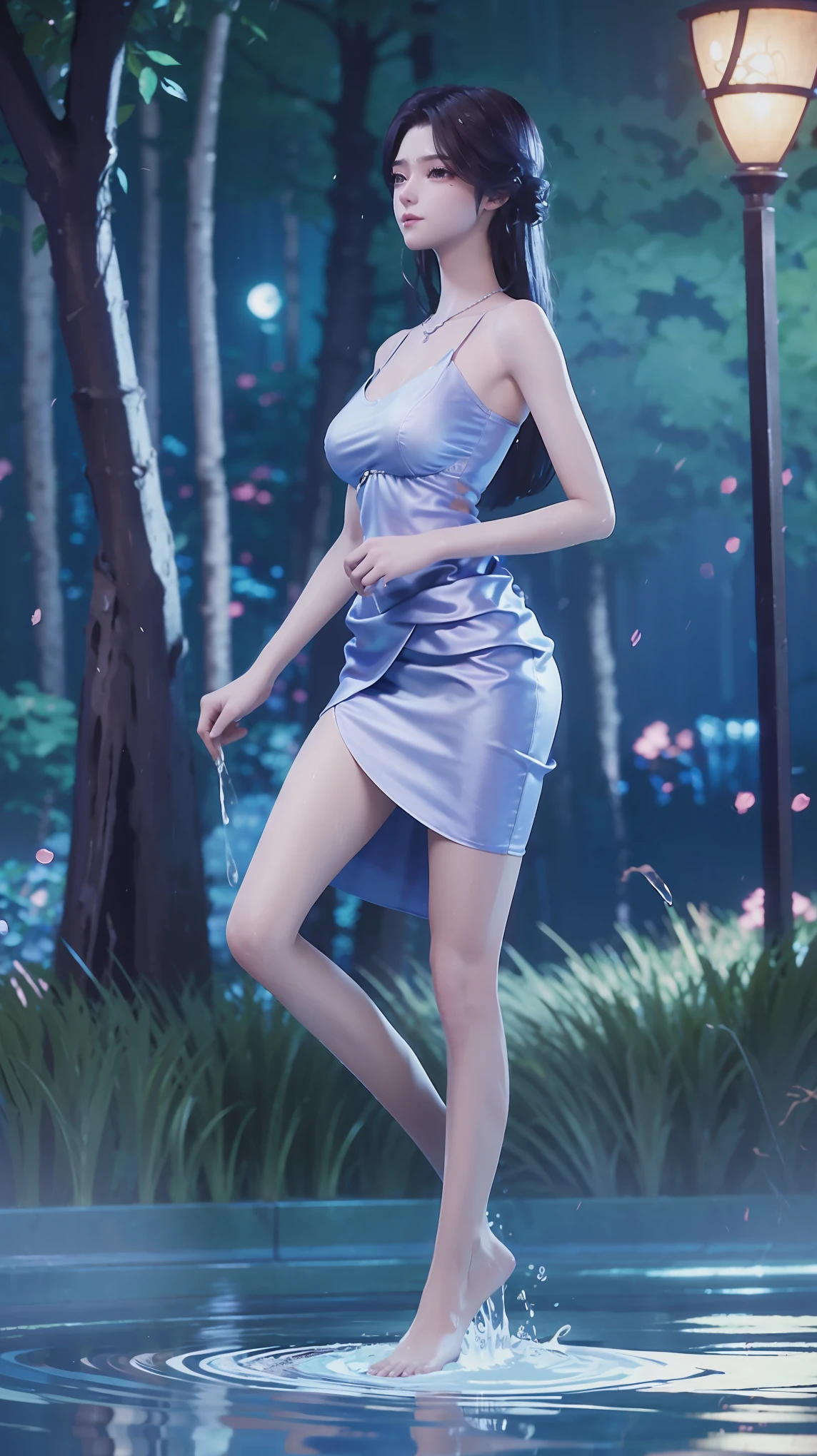 ((Biologically correct number of limbs))、(( Full body illustration from toes to face))、4K、masterpiece、((The eyes are delicately painted、Facial details、Focus on the face))、((Symmetrical, Balanced facial features))、Beautiful woman、Outstanding style、Beautiful clavicle、Beautiful legs、beautiful hands、slim body、(shirt、skirt、barefoot)、look up、High Angle、Background is night city、((Walking posture)),Wet all over,Water Magic,Wet