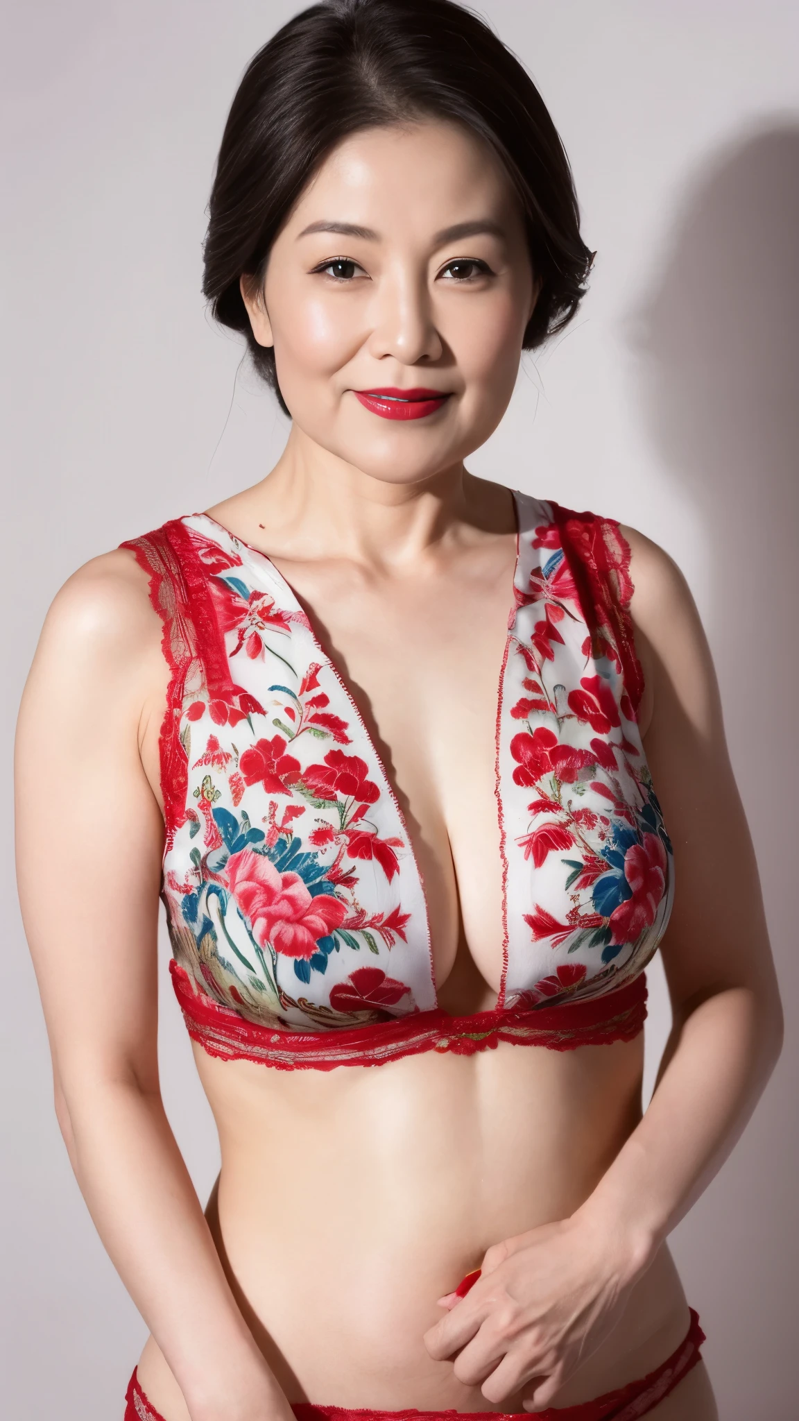 Chinoiserie, gravure, senior citizen, In underwear, Draw lips correctly, Red lipstick, From the chest up, 16K, Highest quality, Super detailed, Realistic, Highly detailed skin, Perfect Anatomy, (1 Korean Mature), (alone), 100 years old, Large Breasts, Mature female politician, Glamour, Sexy, Chromo White Skin, View your viewers,