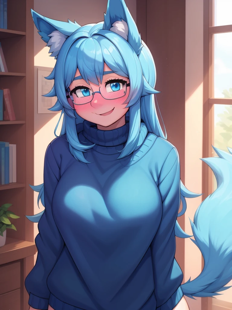 (Masterpiece) (High Detail) (High Res) A close up of a short slim humanoid girl with pale human skin and blue eyes and long blue hair and blue dog ears and a fluffy blue dog tail and average breasts. She is wearing only a oversized baggy turtle-neck sweater. She is blushing and looks cheerful. She is wearing a pair of black-framed glasses. 