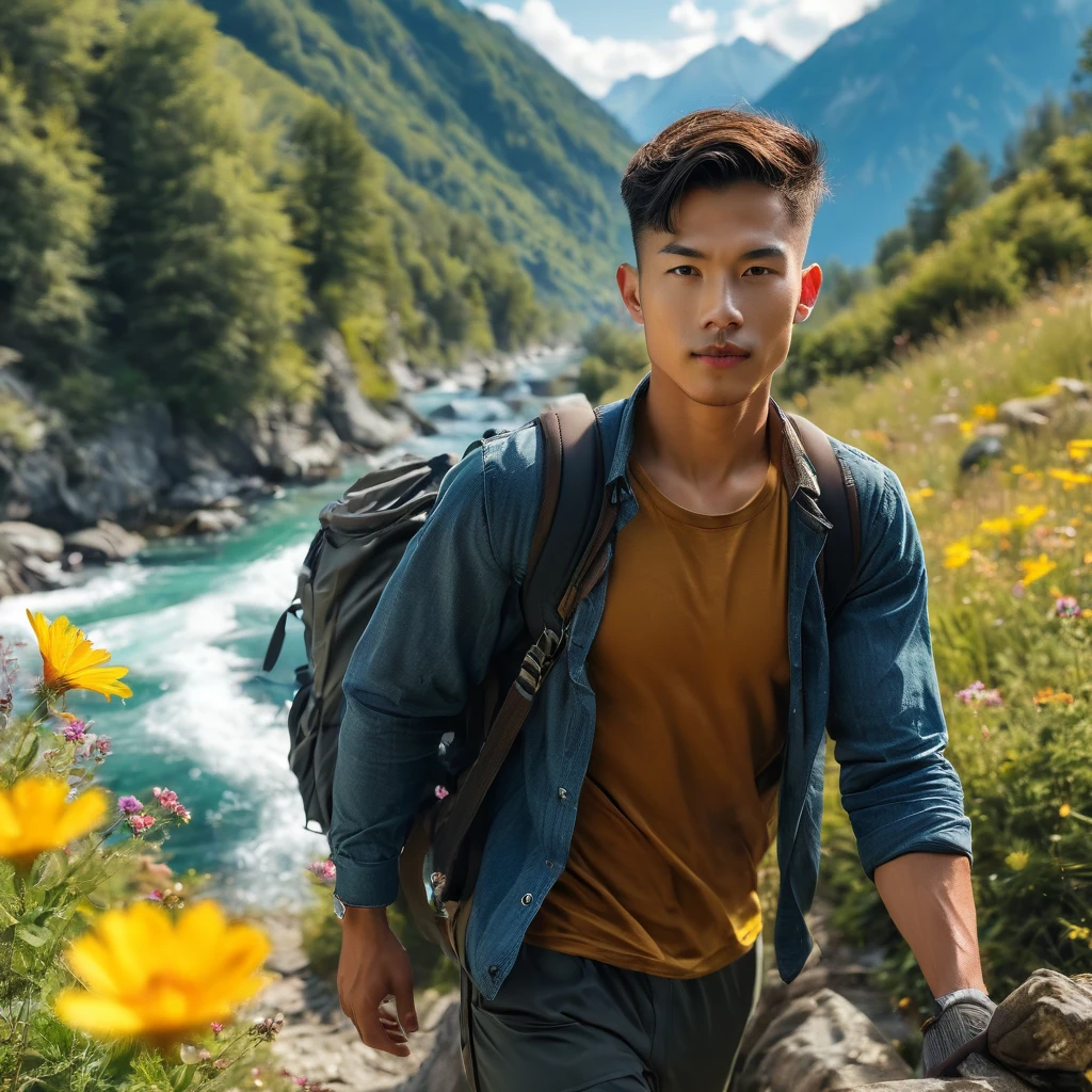 Behold a fashion editorial photo shoot featuring a photogenic and charming Mixed Asian race, buzz-cut hair, 23 years old male supermodel, skinny and slender body, pretty cute young face, wearing fit legging pants and hiking backpack, (semi hard bulge), at hiking trail, outdoors, full of wild flower, Switzerland mountain background, interesting dynamic view, amazing composition, HDR, volumetric lighting, ultra quality, elegant, highly detailed, masterpiece, best quality, high resolution, portrait, male focus, solo focus, The photograph is taken with a Canon EOS R camera using an 85mm f/1.8 lens at an f/2.2 aperture, utilizing natural light. Employing three-point lighting and incorporating 3D animation shadows enhances his features and adds depth to the composition. The careful layering and arrangement of his body parts and surrounding objects ensure a flawless composition. This masterpiece celebrates the beauty of the male form and invites viewers to immerse themselves in a world of sophistication and charm. The seductive lighting and intricate details, combined with a dramatic composition, invite viewers to revel in the essence of a fun-filled day, brimming with joy and relaxation. Attention is meticulously paid to the layers and arrangement of his body parts and surrounding objects, ensuring correct body structure and photo distance. The romantic atmosphere, paired with a lively and extremely gorgeous background, enhances the overall allure of this exquisite image.