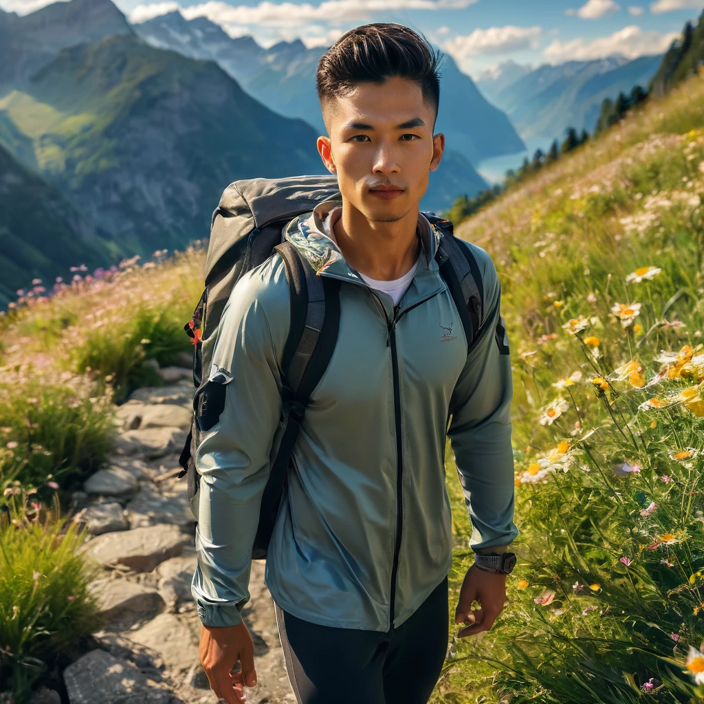 Behold a fashion editorial photo shoot featuring a photogenic and charming Mixed Asian race, buzz-cut hair, 23 years old male supermodel, skinny and slender body, pretty cute young face, wearing fit legging pants and hiking backpack, (semi hard bulge), at hiking trail, outdoors, full of wild flower, Switzerland mountain background, interesting dynamic view, amazing composition, HDR, volumetric lighting, ultra quality, elegant, highly detailed, masterpiece, best quality, high resolution, portrait, male focus, solo focus, The photograph is taken with a Canon EOS R camera using an 85mm f/1.8 lens at an f/2.2 aperture, utilizing natural light. Employing three-point lighting and incorporating 3D animation shadows enhances his features and adds depth to the composition. The careful layering and arrangement of his body parts and surrounding objects ensure a flawless composition. This masterpiece celebrates the beauty of the male form and invites viewers to immerse themselves in a world of sophistication and charm. The seductive lighting and intricate details, combined with a dramatic composition, invite viewers to revel in the essence of a fun-filled day, brimming with joy and relaxation. Attention is meticulously paid to the layers and arrangement of his body parts and surrounding objects, ensuring correct body structure and photo distance. The romantic atmosphere, paired with a lively and extremely gorgeous background, enhances the overall allure of this exquisite image.