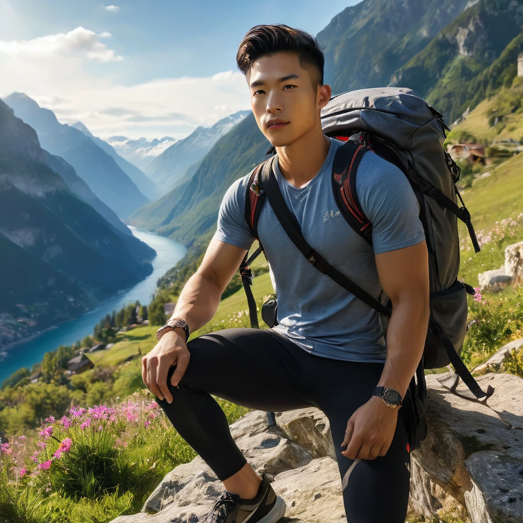 Behold a fashion editorial photo shoot featuring a photogenic and charming Mixed Asian race, buzz-cut hair, 23 years old male supermodel, skinny and slender body, pretty cute young face, wearing fit legging pants and hiking backpack, (semi hard bulge), at hiking trail, outdoors, full of wild flower, Switzerland mountain background, interesting dynamic view, amazing composition, HDR, volumetric lighting, ultra quality, elegant, highly detailed, masterpiece, best quality, high resolution, portrait, male focus, solo focus, The photograph is taken with a Canon EOS R camera using an 85mm f/1.8 lens at an f/2.2 aperture, utilizing natural light. Employing three-point lighting and incorporating 3D animation shadows enhances his features and adds depth to the composition. The careful layering and arrangement of his body parts and surrounding objects ensure a flawless composition. This masterpiece celebrates the beauty of the male form and invites viewers to immerse themselves in a world of sophistication and charm. The seductive lighting and intricate details, combined with a dramatic composition, invite viewers to revel in the essence of a fun-filled day, brimming with joy and relaxation. Attention is meticulously paid to the layers and arrangement of his body parts and surrounding objects, ensuring correct body structure and photo distance. The romantic atmosphere, paired with a lively and extremely gorgeous background, enhances the overall allure of this exquisite image.