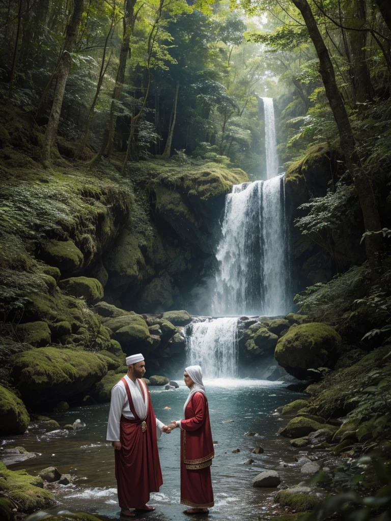 In the middle of the forest, behind the roar of a waterfall, a 43-year-old husband and wife couple wear traditional Muslim clothing. Studio light highlights every detail, creating incredibly realistic and sharp photos. Ultra HD, as if 64K