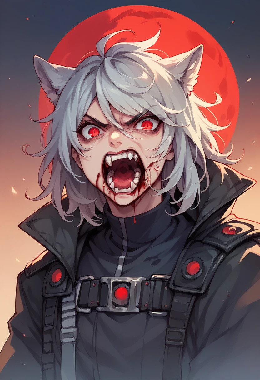 black alpha wolf red eyes and red moon behind ( furious, with blood in the mouth, how scary)