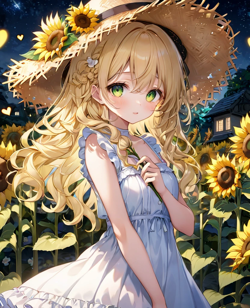 (masterpiece, best quality:1.2), (absurdres, highres, ultra-detailed), (perfect anatomy), 
Cute Girls、Straw hat、Lots of sunflowers、Blonde、Curly long hair、Yellow-green eyes、Sparkling、night、Flower Garden、heart、White frilly dress

(8K, RAW photo:1.2),detailed face and eyes,intricate detail ,masterpiece ,sharp focus, high quality,BREAK,rating: general, newest
