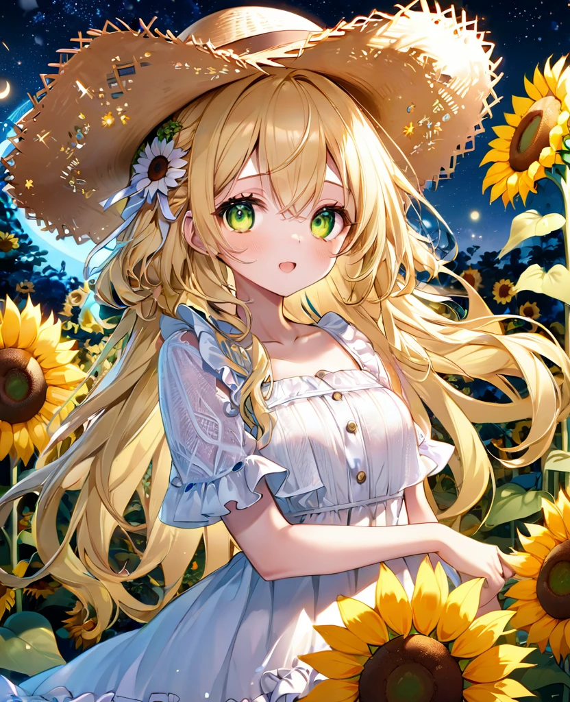 (masterpiece, best quality:1.2), (absurdres, highres, ultra-detailed), (perfect anatomy),
Cute Girls、Straw hat、Lots of sunflowers、Blonde、Curly long hair、Yellow-green eyes、Sparkling、night、Flower Garden、heart、White frilly dress
(8K, RAW photo:1.2),detailed face and eyes,intricate detail ,masterpiece ,sharp focus, high quality,BREAK,rating: general, newest
