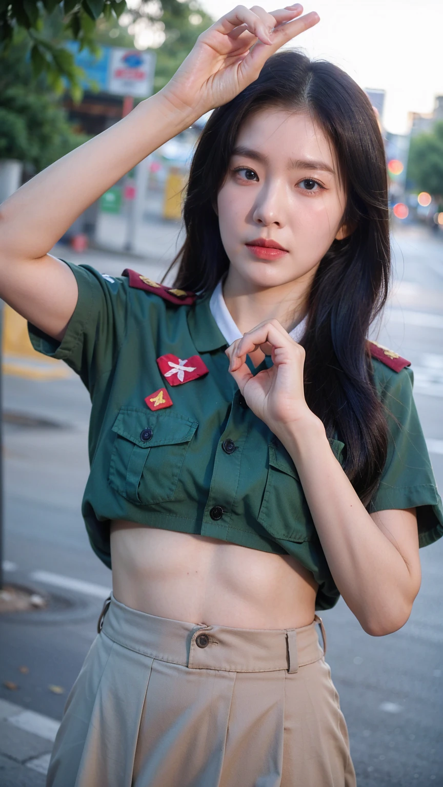 ((1girl)), in thai_girlscout_uniform, instant camera flash, pose at random location, makeup with glossy lip, small breasts, (thai_girlscout_uniform), various angle, ((face focus)), 17 years old, Beautiful Japanese Girl, random pose, (nsfw:1.4), realistic light, realistic skin tone