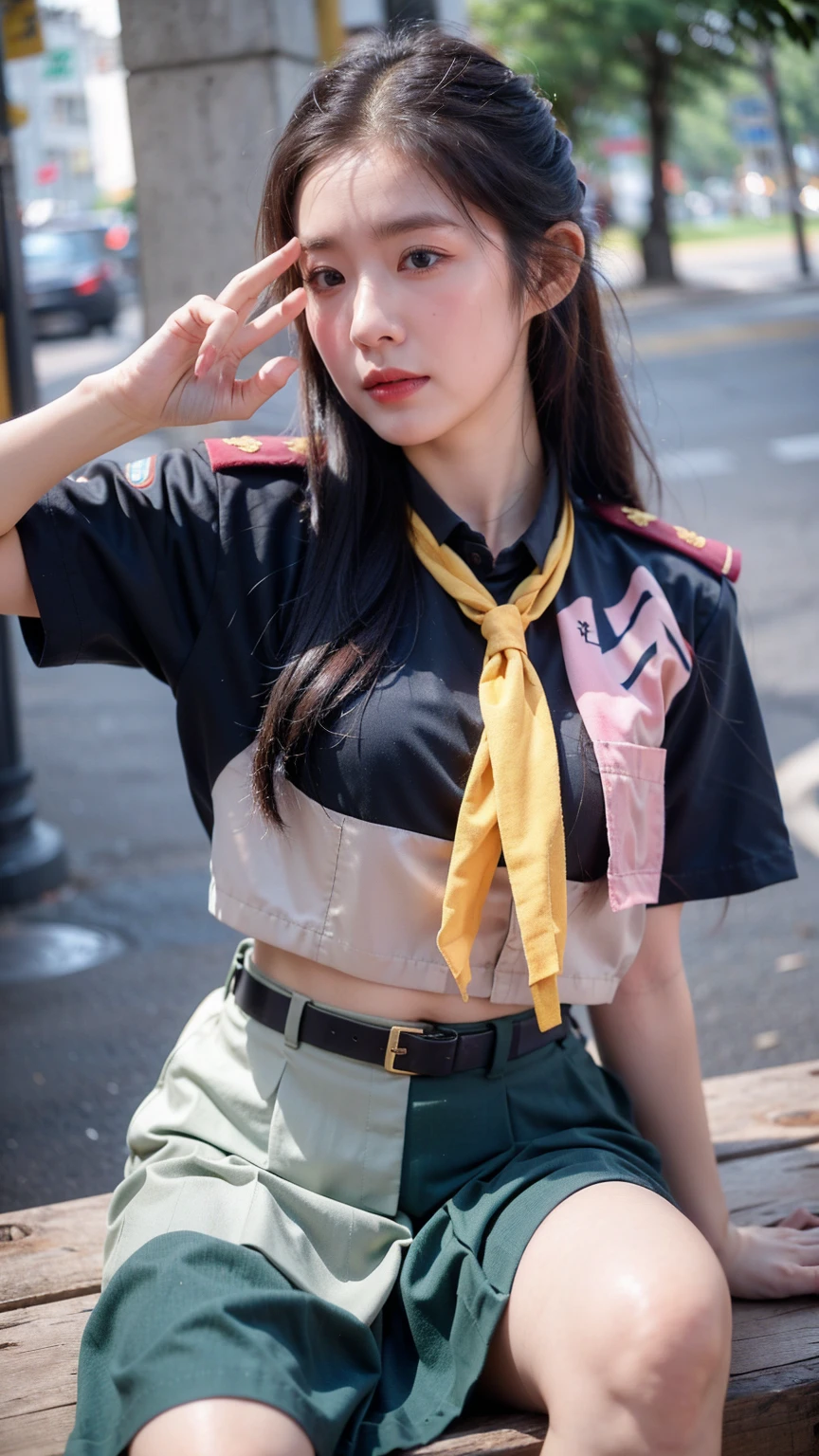 ((1girl)), in thai_girlscout_uniform, instant camera flash, pose at random location, makeup with glossy lip, small , (thai_girlscout_uniform), various angle, ((face focus)), 17 yeariful Japanese Girl, random pose, (nsfw:1.4), realistic light, realistic skin tone