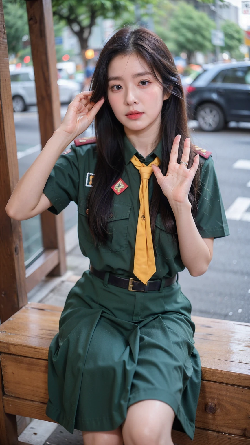 ((1girl)), in thai_girlscout_uniform, instant camera flash, pose at random location, makeup with glossy lip, small breasts, (thai_girlscout_uniform), various angle, ((face focus)), ************, Beautiful Japanese Girl, random pose, (nsfw:1.4), realistic light, realistic skin tone