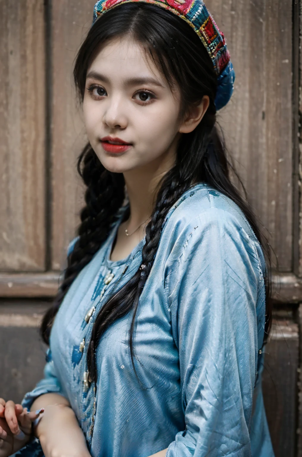 (Surreal,)4K,35mm,Ultra high definition, Professional Lighting, Highest quality, Ultra-high resolution, Visually stunning, (One girl:1.1), (Uighur clothing 1.2),Real Skin,(Perfect Body 1.3)(Very delicate face)