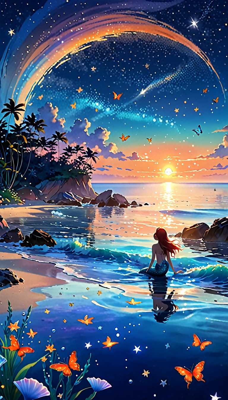 Mermaid Shadow、　Genuineistic、Genuineistic、Genuine、The main event is the sunrise.、Small aircraft、Small butterfly、Starry sky and sunrise、coastline、A fantastic butterfly、The image shows a little mermaid,Anime-style digital painting of a horizon landscape, wonderful, Atmospheric,Low angle of soft and warm sunset light, A palette of soft tones of blue and orange accentuating the horizon,Small mermaids and butterflies appear in the background..、Starry sky waiting for the start