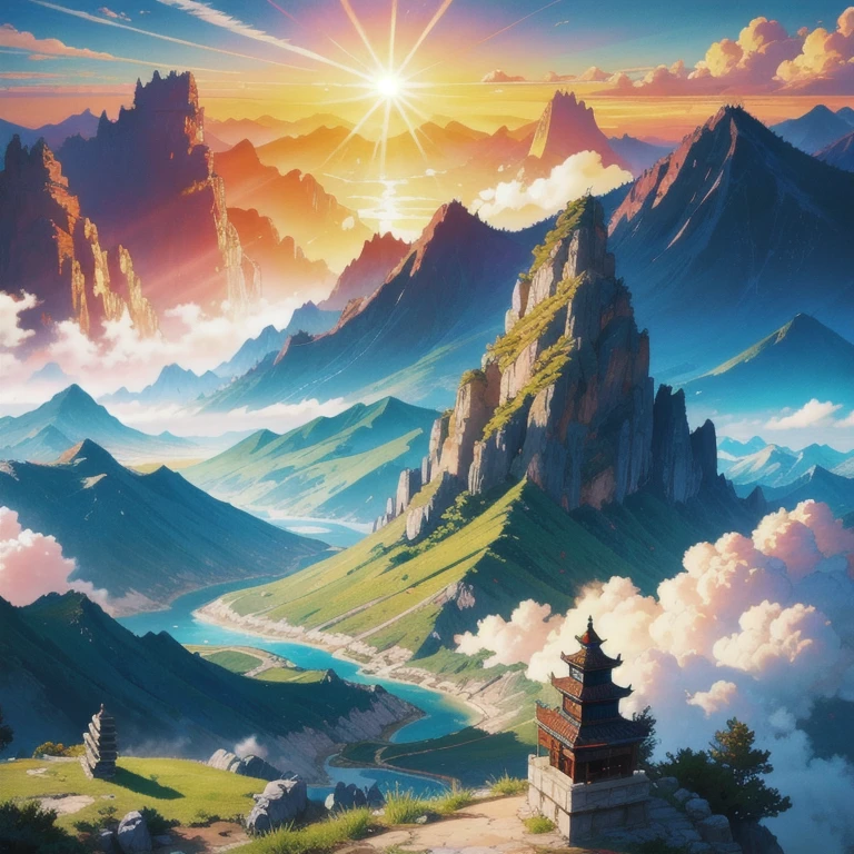 Ancient Chinese scenery, mountainscape, rivers, auspicious clouds, sunshine light, Master Pieces, super detaill, epic composition, ultra HD, high qualiy, extremely detaild, offcial art, 8k unified wallpaper, super detaill, 32k - v.6