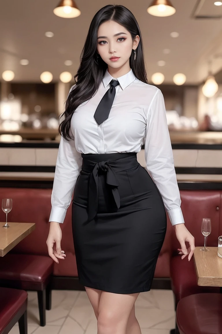 Zuoye Lintang 768, Mature female,(Wearing business attire,formal jackets,neck tie, tie,White shirt, skirt, High heel,High waist skirt)( Perfectly rounded big,milk,house,Hourglass figure, Thin waist,btpt-fc,Photo-realistic, (Surrealism:1)fair, masterpiece, best quality, Extremely detailed face, Perfect lighting,Detailed eye makeup, Facial details, Eyes are delicate and exquisite,Beautiful hands, Perfect hands (Realistic students,Realistic iris:1) Heavy eye makeup (Working in a restaurant, Background Restaurant)