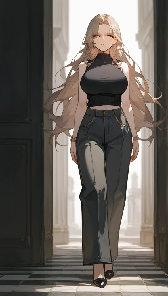 masterpiece, Score_9, Score_8_up, Score_7_up, front view, 1 woman, alone, black and light brown hair, Long hair, parted bangs, golden and orange eyes, half-closed eyes, parted lips, expressionless, pale skin, large breasts, many scars, one scar on one eye, the best quality, long and open bangs, black sleeveless shirt, black V-neckline, baggy pants, high heels.
