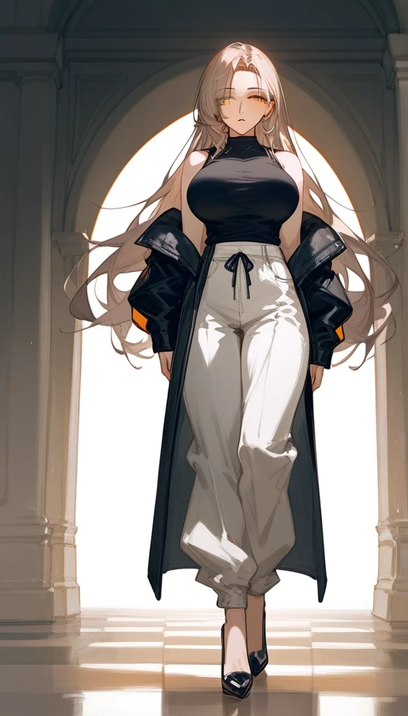masterpiece, Score_9, Score_8_up, Score_7_up, front view, 1 woman, alone, black and light brown hair, Long hair, parted bangs, golden and orange eyes, half-closed eyes, parted lips, expressionless, pale skin, large breasts, many scars, one scar on one eye, the best quality, long and open bangs, black sleeveless shirt, black V-neckline, baggy pants, high heels.