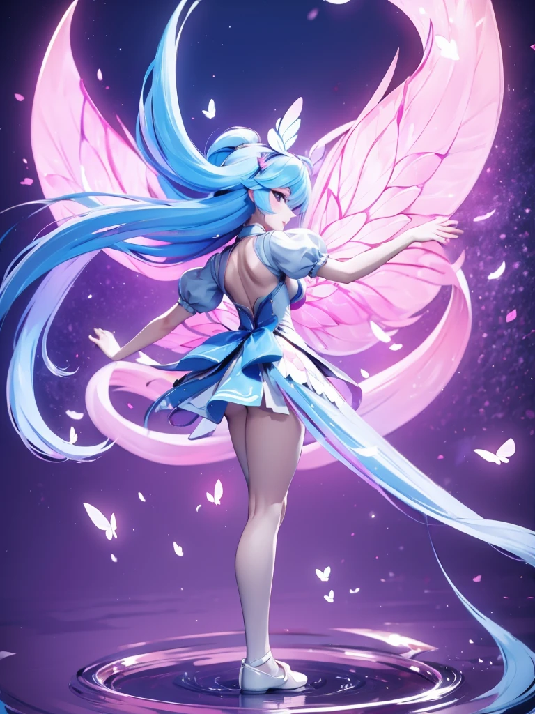 Seizo Watase style, Simple Line Initialism,Abstract art, 3d character, colorful hearts ,(((The most beautiful girl of all time))), (full body 1.2), only girl, long hair, bufferfly and sky background, 25 year old, full body, (((8k))), (((3d)), blue and pink hair, Large butterfly wings on the back, moon, ballet dance, one hand raised above, look from back