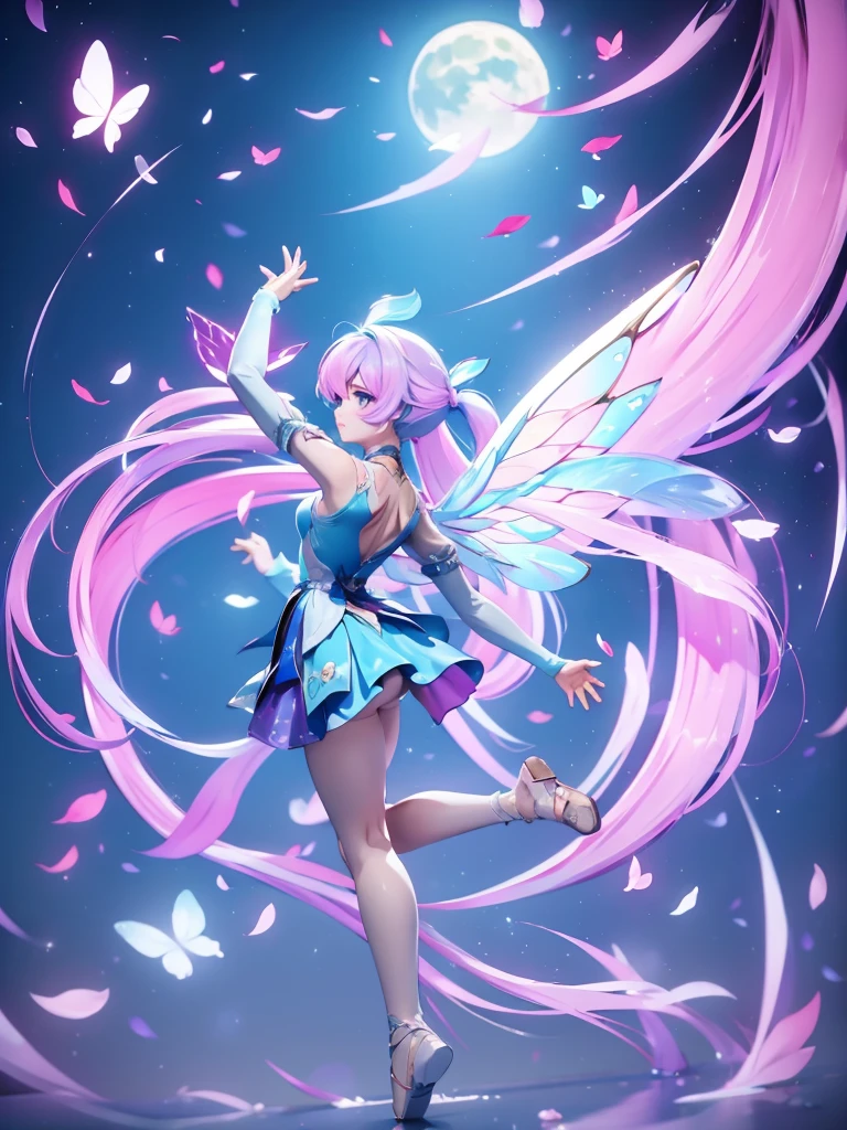 Seizo Watase style, Simple Line Initialism,Abstract art, 3d character, colorful hearts ,(((The most beautiful girl of all time))), (full body 1.2), only girl, long hair, bufferfly and sky background, 25 year old, full body, (((8k))), (((3d)), blue and pink hair, Large butterfly wings on the back, moon, ballet dance, one hand raised above, look from back