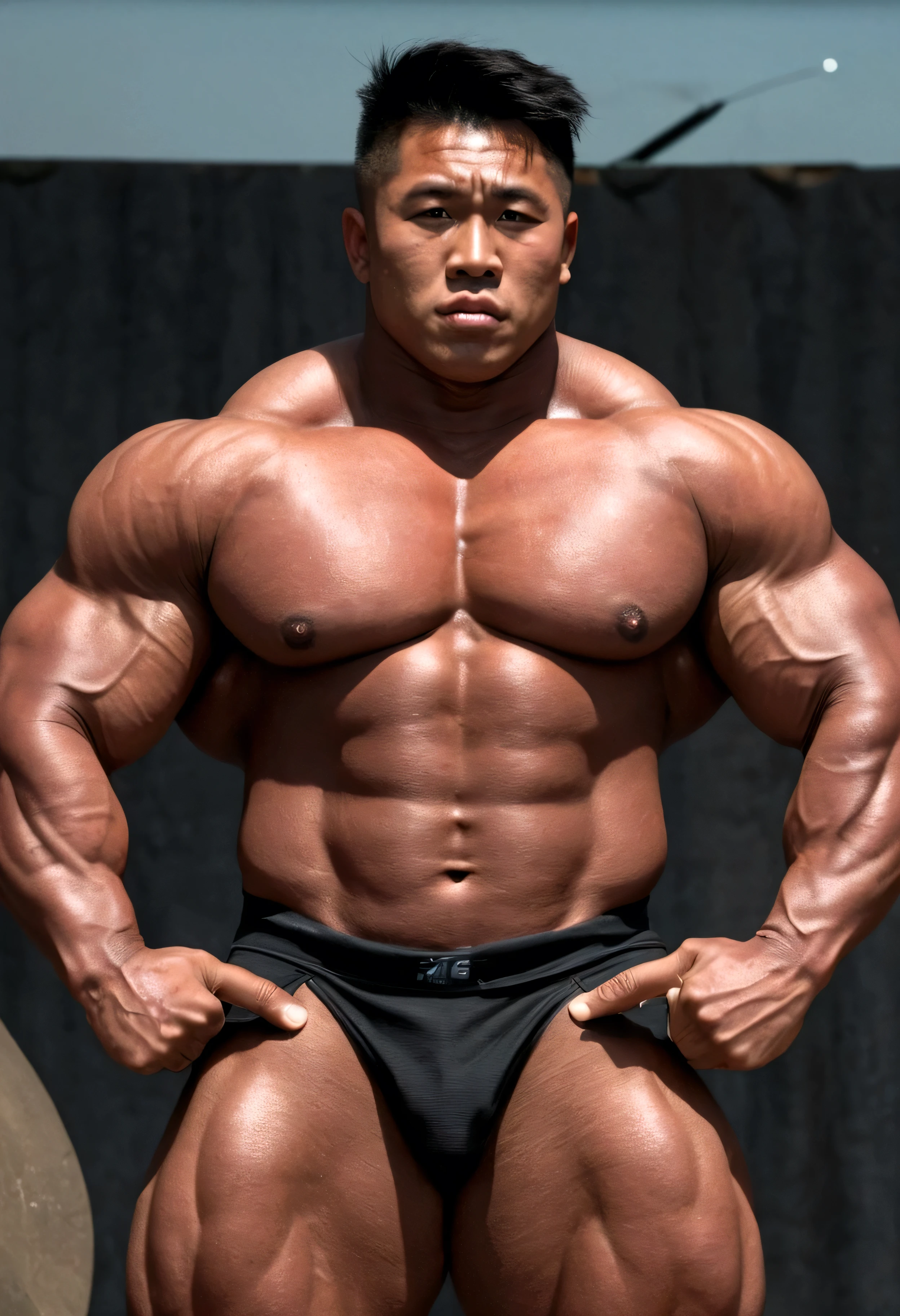 ,sunburn skin dark Black Japanese bodybuilder,座る、Very Big Bodybuilder muscle man,Japanese man,Harry Aikines、Fat Muscle、Developed muscleature atmosphere、Very musclefat,Small face、,Oversized Big body,no body hair,naked,Very bulky Big underboobs, Skin with visible veins, medium length hair,A cinematic scene unfolds in 8k resolution, where in brig,(Gorilla-like face:0.6),Big Nose,(big penis:0.7)(Thick penis:0.7)(elect penis:1.4)(Detailed elect penis shape:1.4)nsfw、Strong sexual attraction、Sex symbol、Big eyes、Thick lips