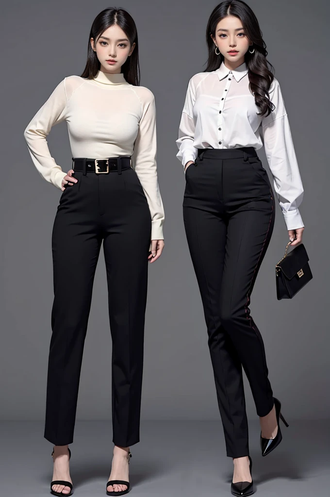 High waist pants:High waist pants can modify the body proportions well,Wear with a simple shirt or sweater,Plus a pair of high heels,Both capable and fashionable。