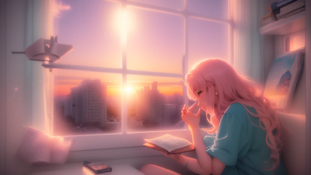 Woman sitting on bed in front of window reading a book, Watching the sunset. anime, girl watching sunset, watching the sunset, beautiful anime scene, Warm and beautiful scenery, anime aesthetic, looking out at a sunset, anime vibes, ((sunset)), looking at sunset, Lo-fi Girl, Lo-fi Girl aesthetic, beautiful aesthetic art