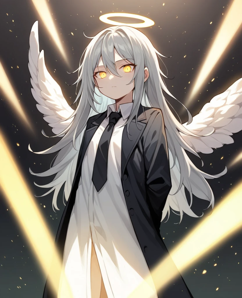 (masterpiece, Highest quality:1.3), (Super detailed:1.3), One girl, alone, (Gray Hair, Messy Hair, Long Hair), (Angel Wings, Angel Halo), Flat Chest, Yellow Eyes, (White shirt, Black tie, Black coat, Open Court), Cowboy Shot, Cinema Lighting, (((Glowing light particles))), (Put your arms behind your back), Dynamic Angle,