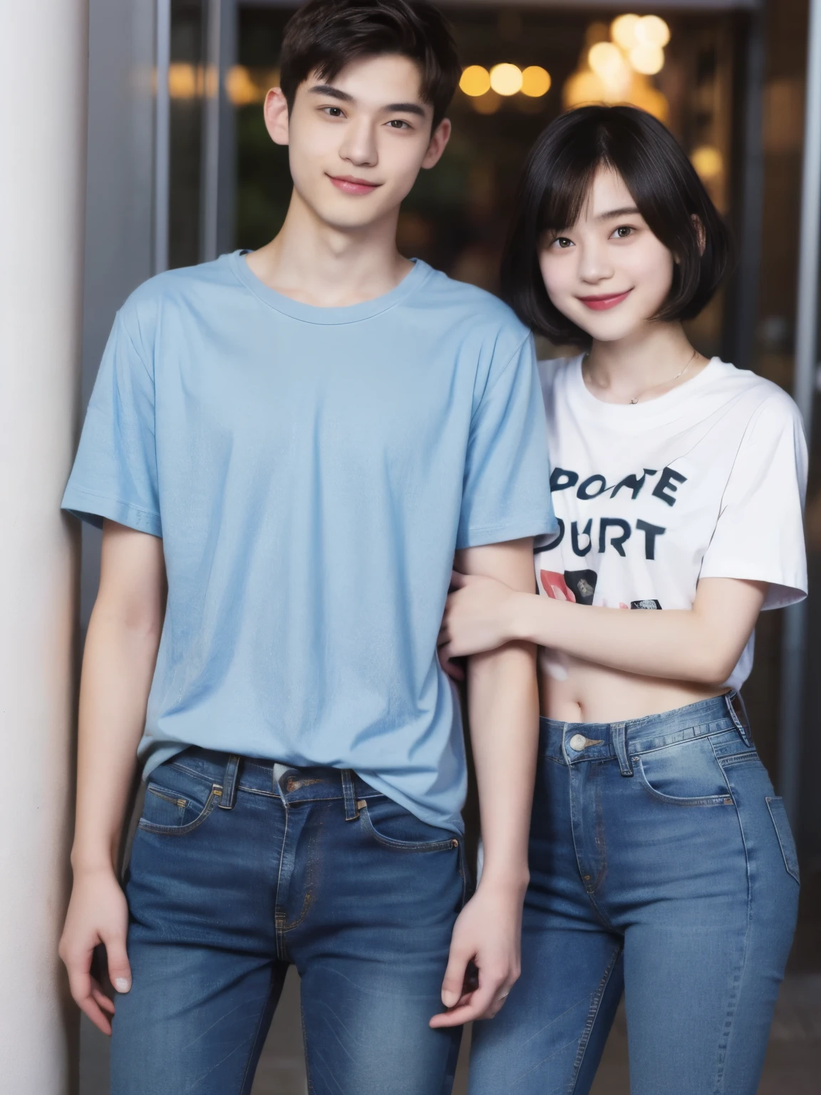 249 (An 18-year-old female and an 18-year-old male), (short hair),kind, lipstick, (Jeans andTshirt), smile