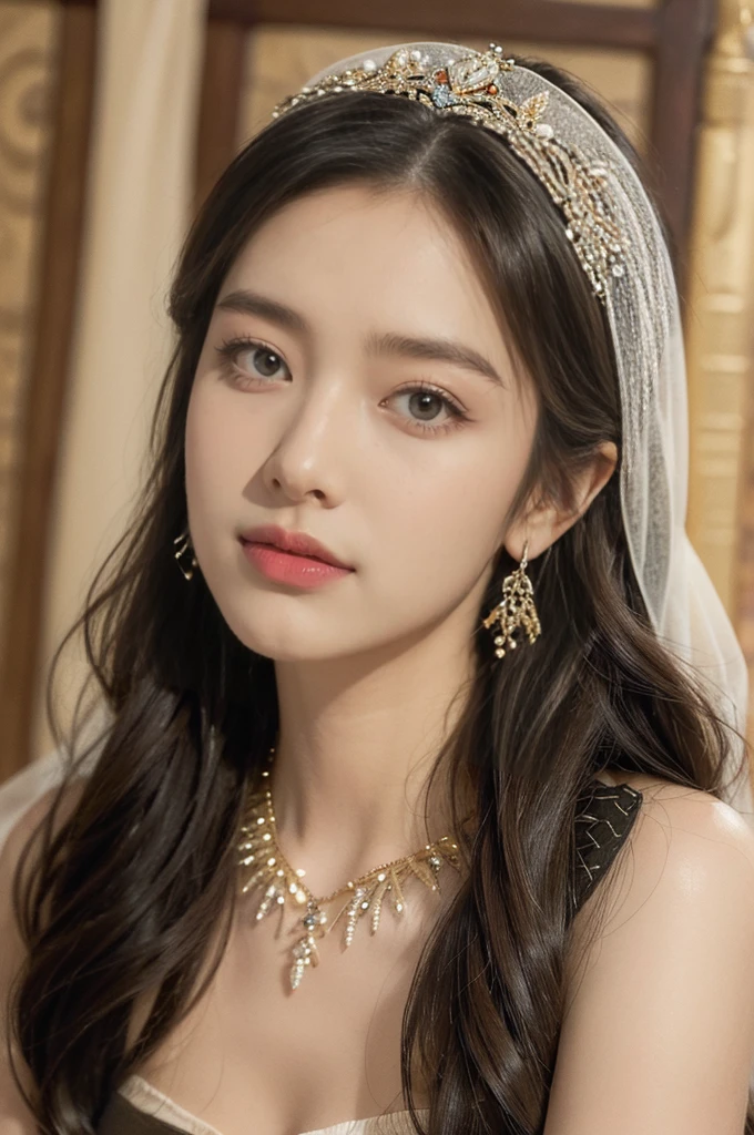 (((best quality))),(((ultra detailed))),(((masterpiece))),illustration,1girl, solo,princess, Arabic,slim,thin,flat chest,small breasts, ((palace, desert)), gold, gemstones,headscarf, veil on face,strapless white sheer traditional bra, hairband, deep eyes, elegant face, subtle smile,earrings,necklace, sunlight, shining, serene, environment,day scene,outdoor,((close-up of face,from front))