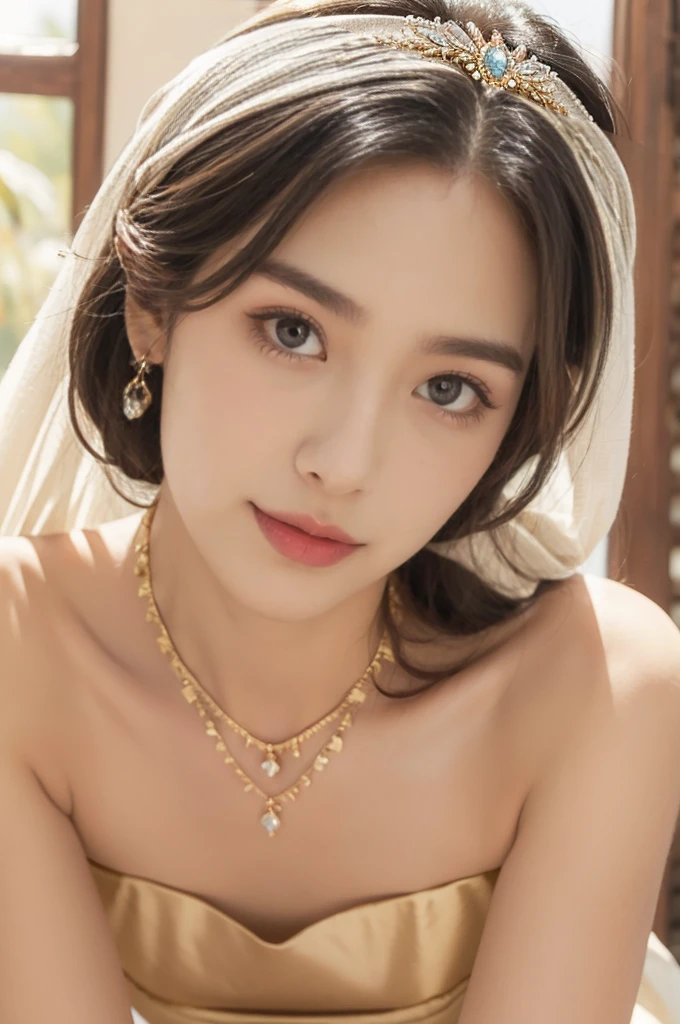(((best quality))),(((ultra detailed))),(((masterpiece))),illustration,1girl, solo,princess, Arabic,slim,thin,flat chest,small breasts, ((palace, desert)), gold, gemstones,headscarf, veil on face,strapless white sheer traditional bra, hairband, deep eyes, elegant face, subtle smile,earrings,necklace, sunlight, shining, serene, environment,day scene,outdoor,((close-up of face,from front))